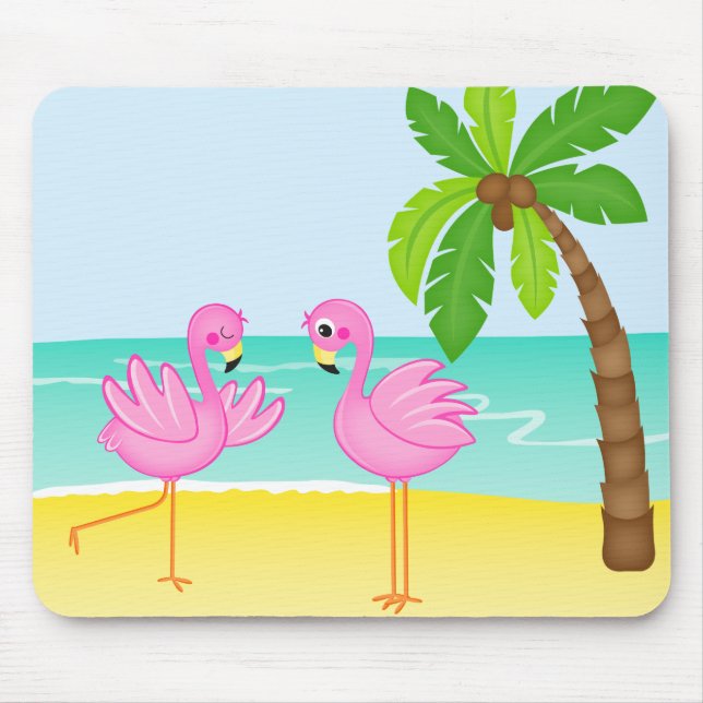Niedliche Flamingo-Strand-Szene mit Palme Mousepad (Vorne)
