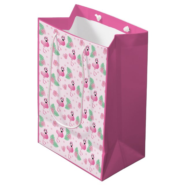 Niedliche Flamingo Tropical Leaf Blume Muster Pink Mittlere Geschenktüte (Vorderseite Schrägansicht)