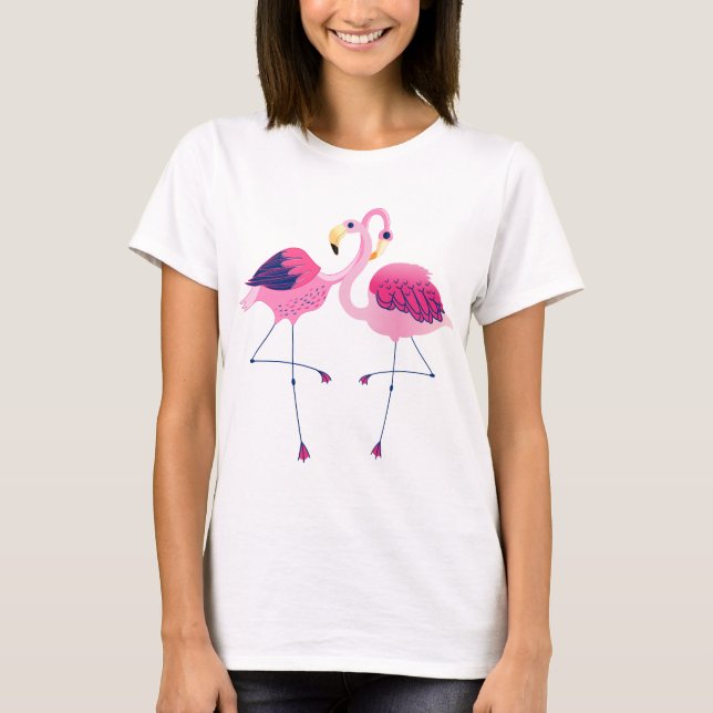 Niedliche Flamingos-Illustration in Rosa und Blau T-Shirt (Vorderseite)