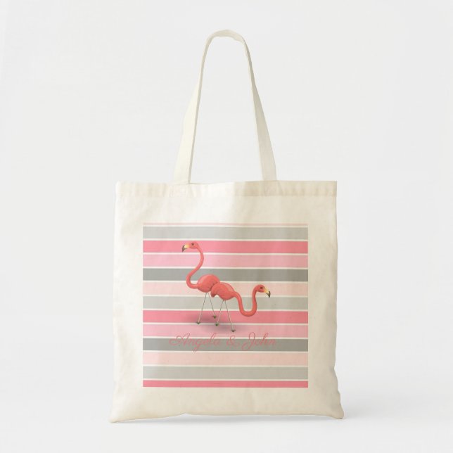 Niedliche Flamingos, rosa graue Streifen Personali Tragetasche (Vorne)