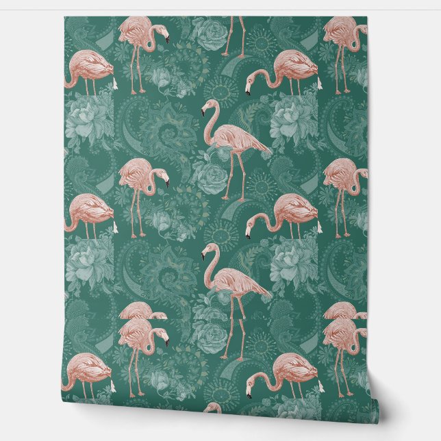 Niedliche Flamingos Tropische Pflanze Blume Blau P Tapete (Abrollen)