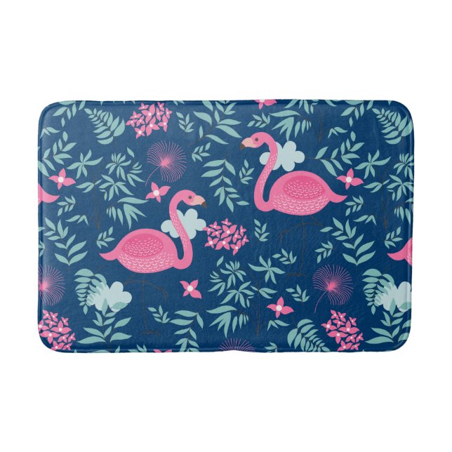 Niedliche Flamingos und Blume auf blauem Navy-Hint Badematte (Vorderseite)