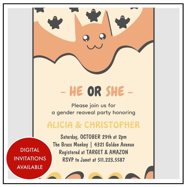 Niedliche Fledermaus Orange He or She Halloween Einladung (Cute-bat-Orange-He-or-She-Halloween-gender-reveal-Invitation-1)