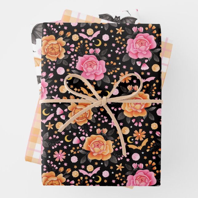Niedliche Fledermäuse, Kariert und Florals, Hallow Geschenkpapier Set (Beispiel)