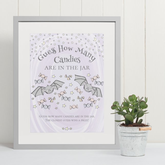 Niedliche Fledermäuse raten wie viele Candies Baby Poster (Cute & Whimsical Fall Baby Shower Game Poster. Frame Not Included. Hand-Drawn Baby Bats Drawing.)