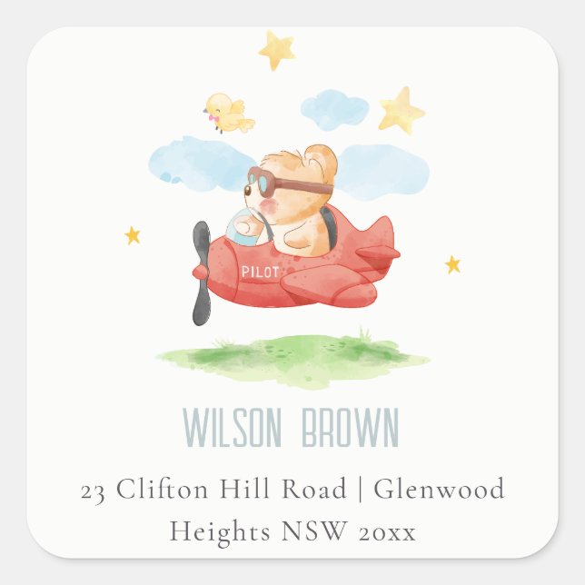 Niedliche Fliege über Teddy Bear Animal Flugzeug-A Quadratischer Aufkleber (Vorderseite)