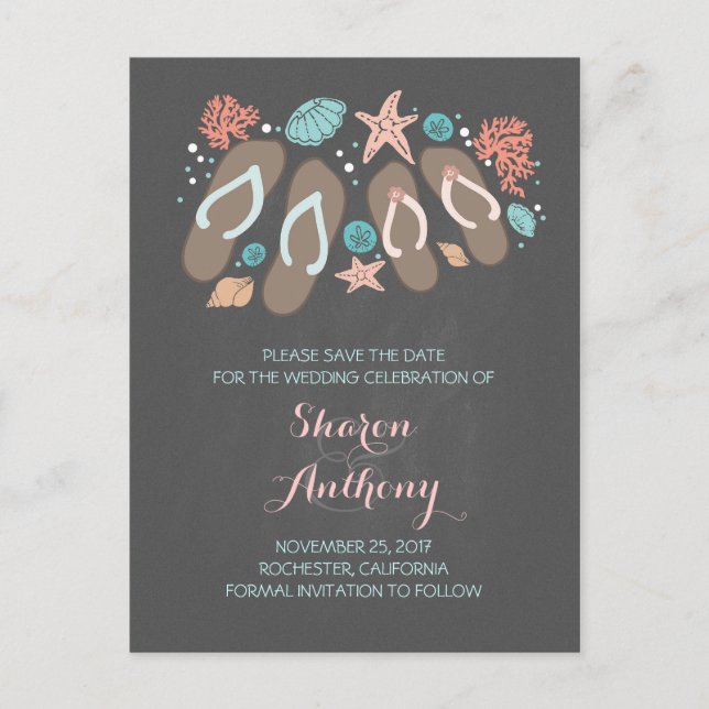 Niedliche Flip Flops Strandhochzeit Save the Date Ankündigungspostkarte (Vorderseite)
