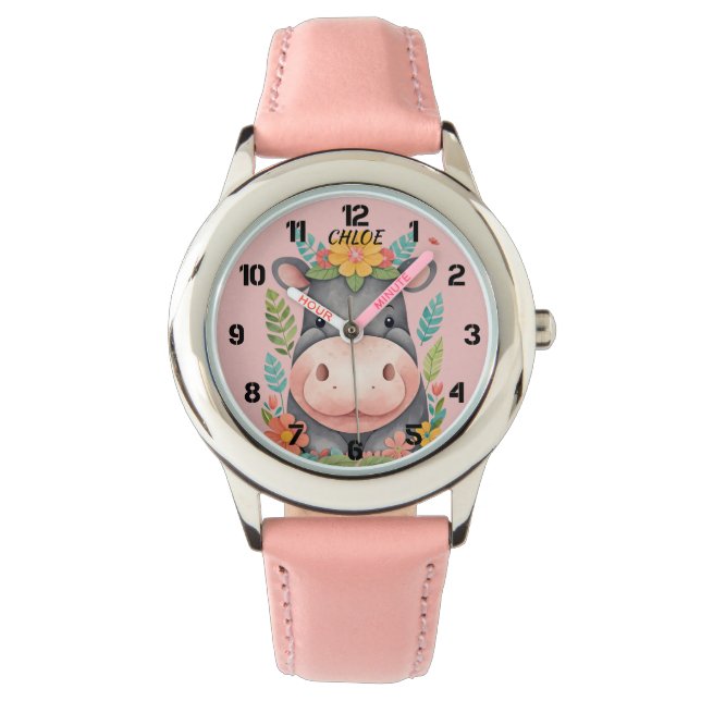 Niedliche Flora Hippopotamus Kinder Armbanduhr (Vorderseite)