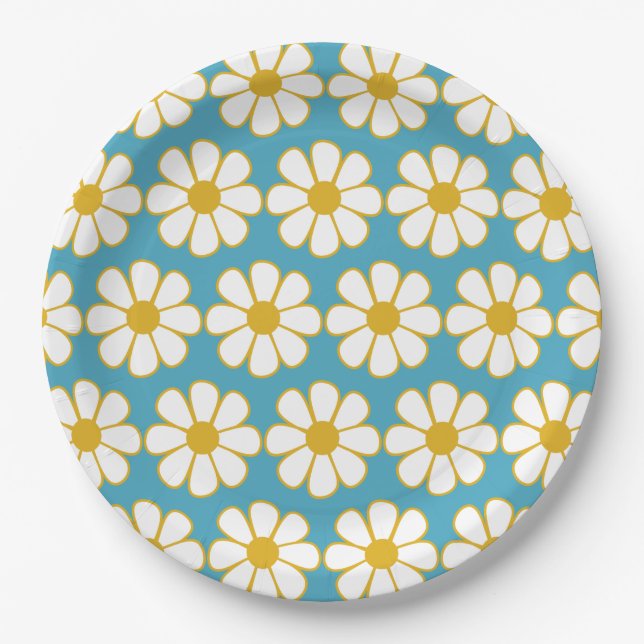 Niedliche floral Daisy Muster Mustard und Blue Pappteller (Vorderseite)