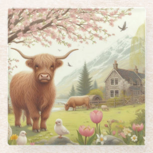 Niedliche, florale/frühlingshaltige Kuh Glasuntersetzer