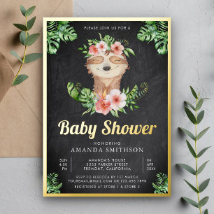 Niedliche florale Sloth Girl Chalkboard Baby Dusch Folieneinladung