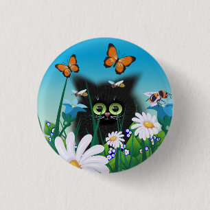 Niedliche Fluffy Black Kitten und Daisies Art Button