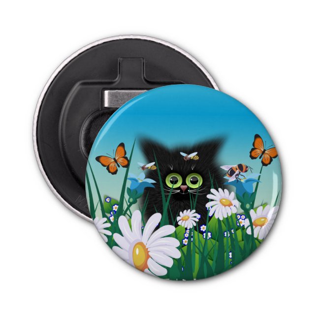 Niedliche Fluffy Black Kitten und Daisies Art Flaschenöffner (Vorderseite)