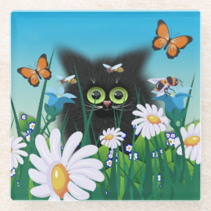 Niedliche Fluffy Black Kitten und Daisies Art Glasuntersetzer