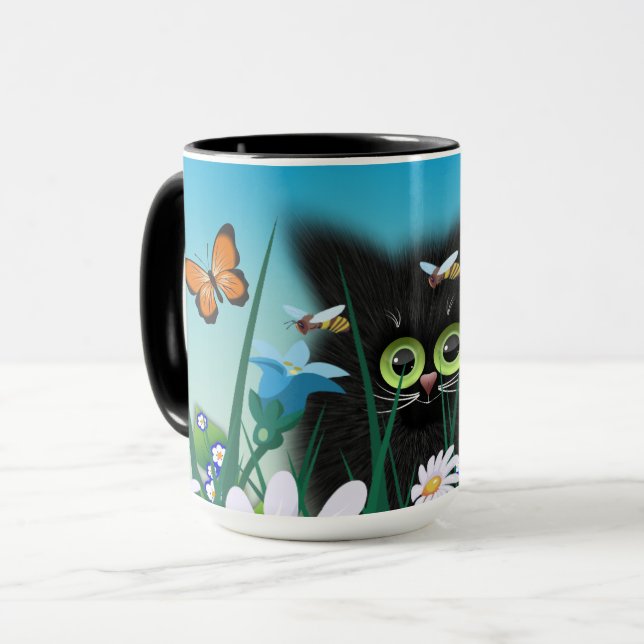 Niedliche Fluffy Black Kitten und Daisies Art Tasse (Vorderseite Links)