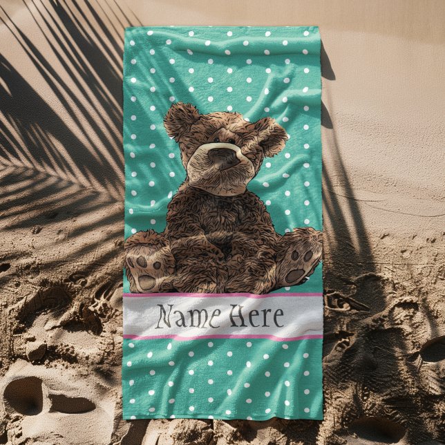 Niedliche Fluffy Brown Bear Animal Wild Name Kids Strandtuch (Cute brown bear kid's beach vacation towel personalized with name)