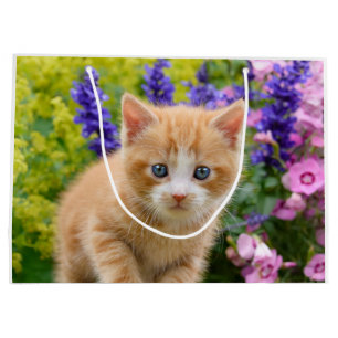 Niedliche Fluffy Ginger Baby Cat Kitten in Blume H Große Geschenktüte
