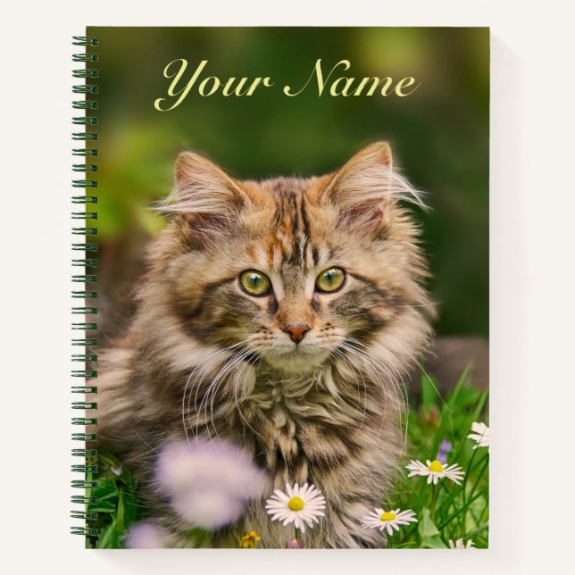 Niedliche Fluffy Maine Coon Kitten Cat in Blume Na Notizbuch (Vorderseite)