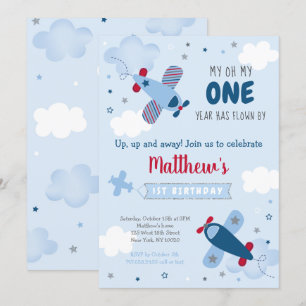 Niedliche Flugzeuge Sterne Wolken ersten Geburtsta Einladung