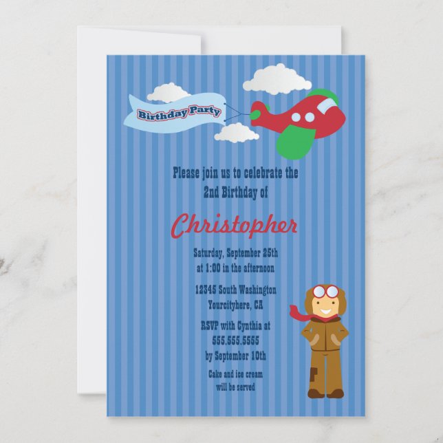 Niedliche Flugzeugpilotjungengeburtstags-Party Einladung (Vorderseite)