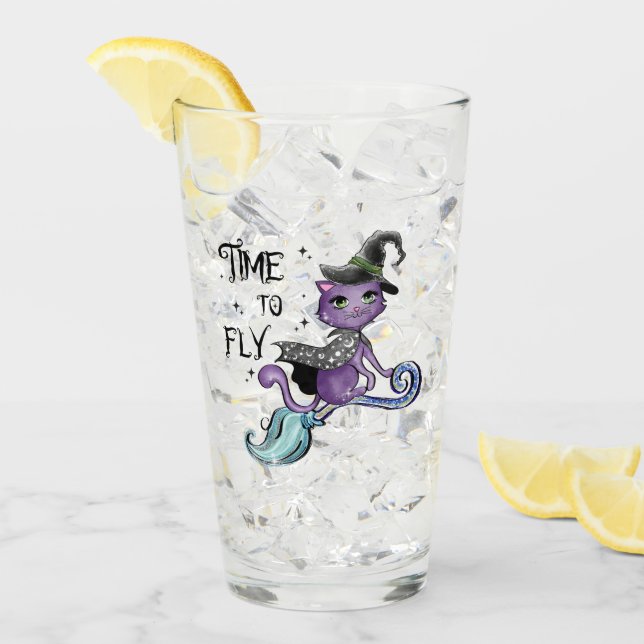 Niedliche Flying Hexenkatze | Zeit zum Fliegen Glas (Vorderseite Ice)