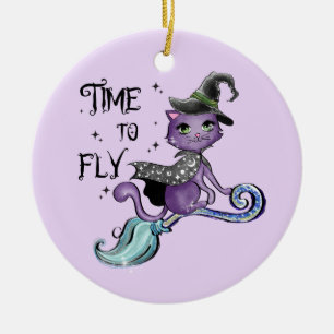 Niedliche Flying Hexenkatze Zeit zum Fliegen Keramik Ornament