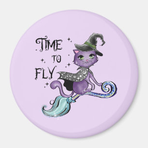 Niedliche Flying Hexenkatze   Zeit zum Fliegen Magnet