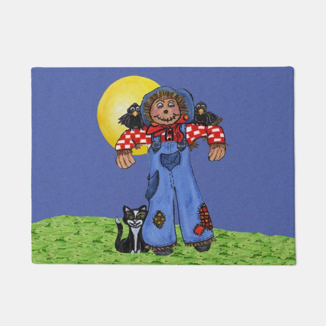 Niedliche Folk Art Blue Jeans Scarecrow Crows Hall Fußmatte (Vorderseite)