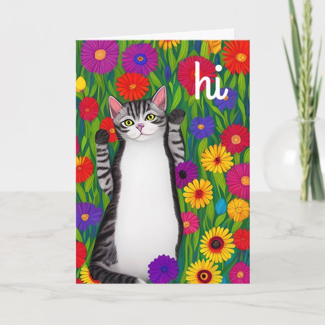 Niedliche Folk Art Cat Sprichwort Hi unter Blume Karte (Vorderseite)