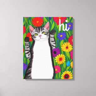 Niedliche Folk Art Cat Sprichwort Hi unter Blume Leinwanddruck