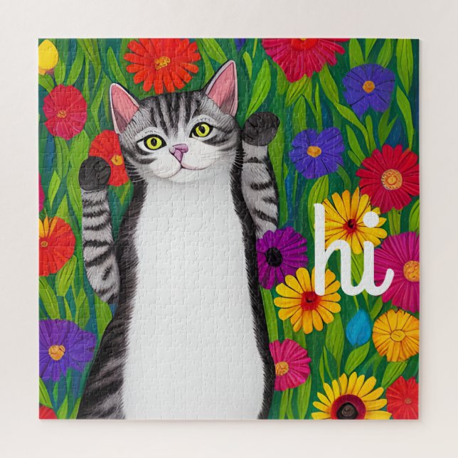 Niedliche Folk Art Cat Sprichwort Hi unter Blume Puzzle (Vertikal)