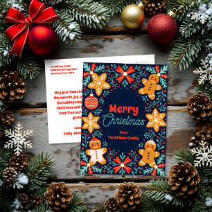 Niedliche Folk Art Gingerbrett und Foliage Weihnac Feiertagspostkarte