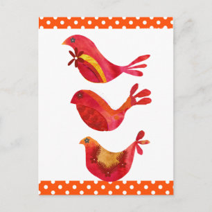 Niedliche Folk Art Red Bird Trio Postkarte