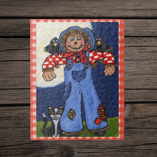 Niedliche Folklore Kunst, Dichtung und Musik Cat C Puzzle (Cute scarecrow plain shirt overalls with cat and crows big moon plaid border jigsaw puzzle.)