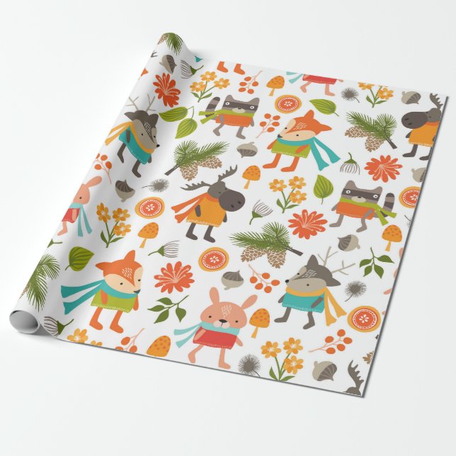Niedliche Folksy Woodland Tiere Geschenkpapier (Ungerollt)