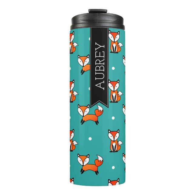 Niedliche Fox & Aquamarine weiße Polka Dosen Perso Thermosbecher (Vorderseite)