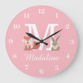 Niedliche Fox- und Kaninchen-Baby-Monogramm Pink Große Wanduhr