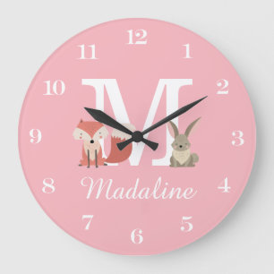 Niedliche Fox- und Kaninchen-Baby-Monogramm Pink Große Wanduhr