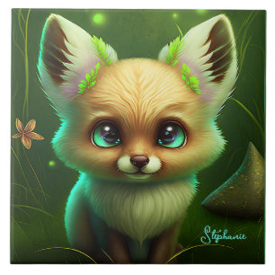 Niedliche Fox- und Orangen-Blume grün Fliese