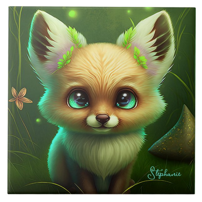 Niedliche Fox- und Orangen-Blume grün Fliese (Vorderseite)