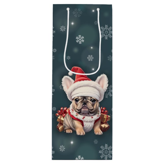 Niedliche französische Bulldog-Weihnachtsmannmütze Geschenktüte Für Weinflaschen (Vorderseite)
