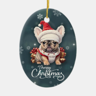 Niedliche französische Bulldog-Weihnachtsmannmütze Keramik Ornament