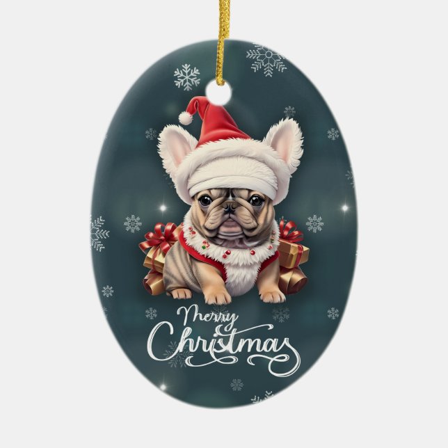 Niedliche französische Bulldog-Weihnachtsmannmütze Keramik Ornament (Vorne)