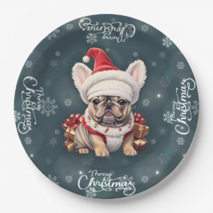 Niedliche französische Bulldog-Weihnachtsmannmütze Pappteller
