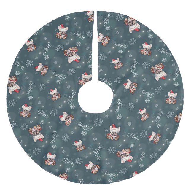 Niedliche französische Bulldog-Weihnachtsmannmütze Polyester Weihnachtsbaumdecke (Vorderseite)
