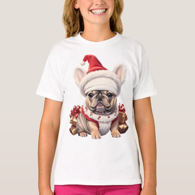 Niedliche französische Bulldog-Weihnachtsmannmütze T-Shirt (Vorderseite)