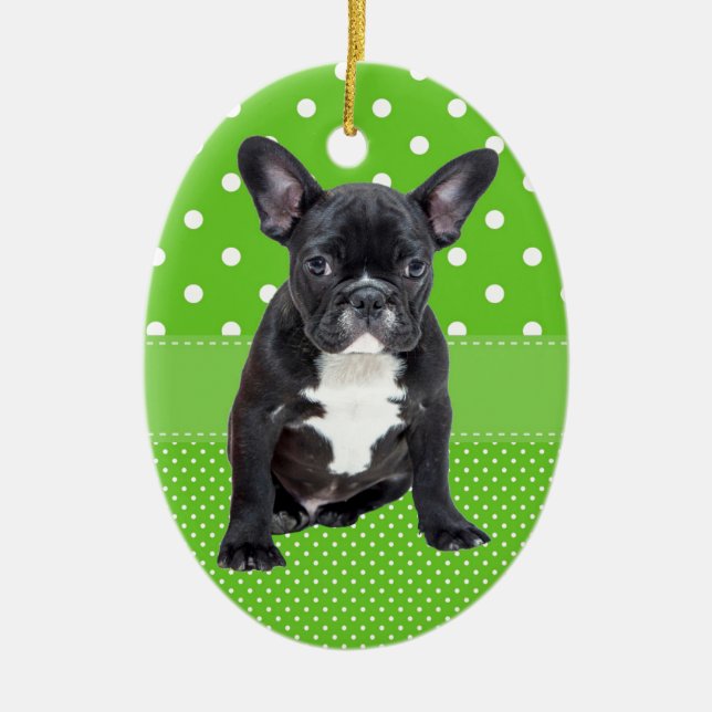 Niedliche französische Bulldog-Welpe Green Polka D Keramikornament (Vorne)