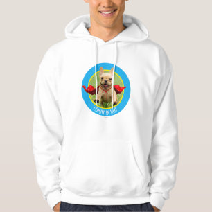 Niedliche französische Bulldoggesuperhero-Läufe im Hoodie