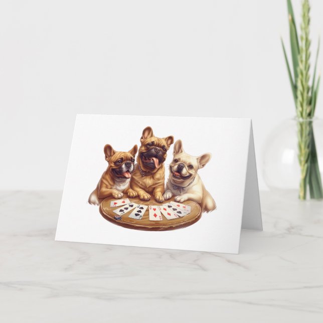 Niedliche französische Bullhunde, die Karten spiel (Vorderseite)