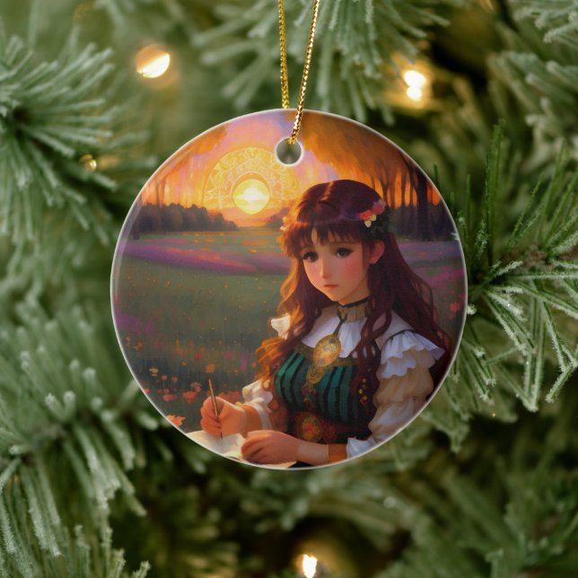 Niedliche Frau im Stile trauriger Anime bei Sonnen Keramik Ornament (Baum)